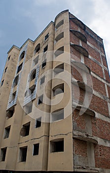 Abandoned burned out industrial brick building exterior