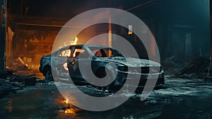 Abandoned Car In Burned Warehouse: Close-up Cinematic Dark Scene