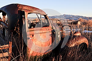 Abandoned car in field