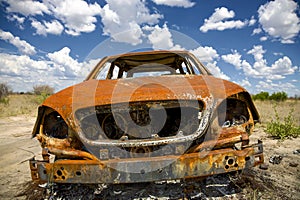 Abandoned Car in Field Under Blue Sky