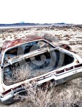 An abandoned car with tumbleweeds