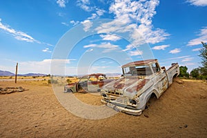 Abandoned car wrecks in Solitaire located in the Namib Desert of Namibia