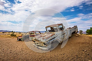 Abandoned car wrecks in Solitaire located in the Namib Desert of Namibia