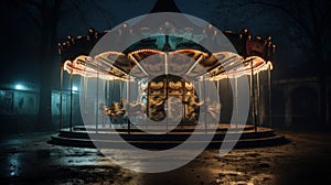 Abandoned carnival carousel with faded paint and eerie lighting