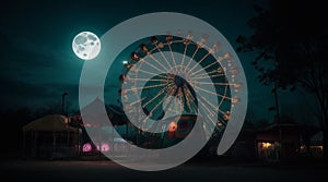 An abandoned carnival with creepy rides under the moonlight