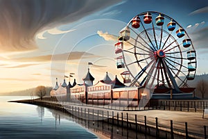 An Abandoned Carnival With A Ferris Wheel On A Cloudy Day. Digital Illustration. Ai. Generative AI