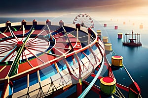 An Abandoned Carnival With A Ferris Wheel On A Cloudy Day. Digital Illustration. Ai. Generative AI