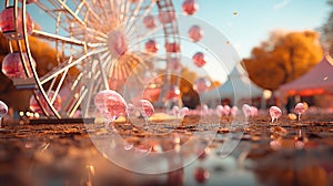 abandoned carnival with a ferris wheel on a cloudy night