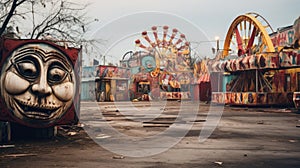 Abandoned carnival with old rides and peeling paint