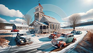 Abandoned Cars Countryside Church Building Retro Cars Old Steeple Exterior AI Generated