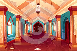 Abandoned castle, empty palace interior, hallway
