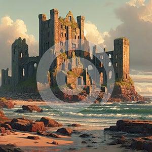 Abandoned Castle and Sea Surf. AI Generated