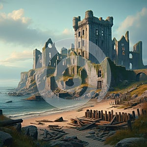 Abandoned Castle on the Seashore. AI Generated