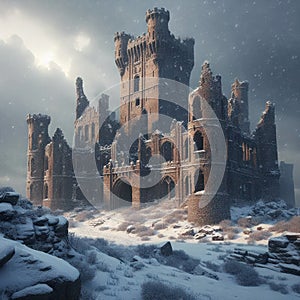 Abandoned Castle and Snowfall. AI Generated