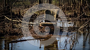 Abandoned Chair In Soggy Rural Swamp - A Haunting Image