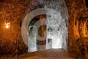 Abandoned chalky underground cave monastery, underground church in Kalach