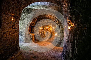 Abandoned chalky underground cave monastery, underground church in Kalach