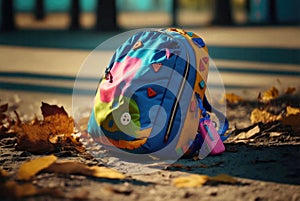 Abandoned childrens backpack in an empty playground