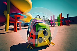 Abandoned childrens backpack in an empty playground