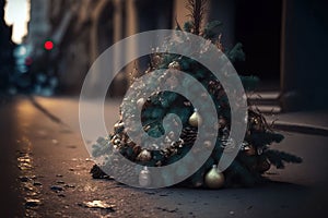 Abandoned christmas tree lying on the stree at night