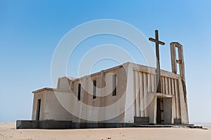 Abandoned church in Namibe, Angola. Typical Portuguese church of