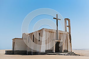 Abandoned church in Namibe, Angola. Typical Portuguese church of