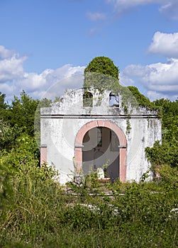 Abandoned church overgrown with vines on the island of Cozumel, Mexico