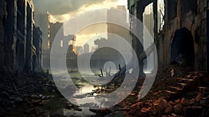 An Abandoned City With Flood Water and Destroyed Cars, Generative AI