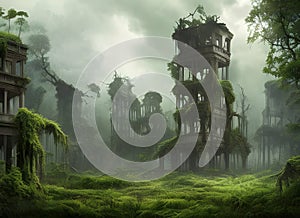 Abandoned city overgrown with tropical vegetation, apocalyptic fantasy concept art.
