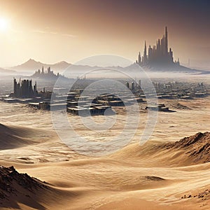 Abandoned City on Wasteland Apocalyptic Landscape Panoramic Art Lost Desert Civilisation Scenery Game Environment CG Digital