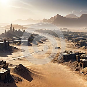 Abandoned City on Wasteland Apocalyptic Landscape Panoramic Art Lost Desert Civilisation Scenery Game Environment CG Digital