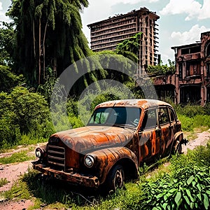 Abandoned cityscape, Deserted cityscape overgrown with vegetation