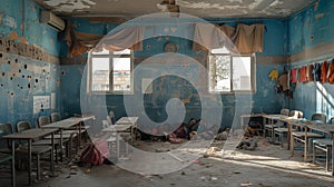 An abandoned classroom with broken windows and scattered chairs, showing signs of neglect and abandonment photo