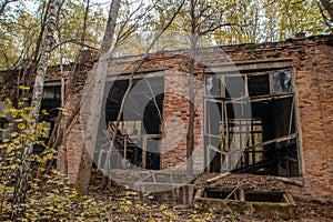 Abandoned collapsed ruined old building in Chernobyl ghost town