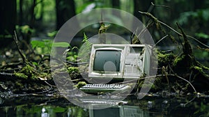 Abandoned Computer In Swamp A Post-modern Juxtaposition Of Technology And Nature photo