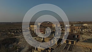 Abandoned construction site of Hospital at spring time aerial drone image