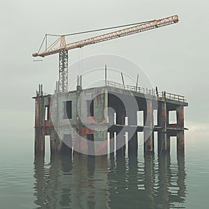 Abandoned Construction Sites and Underwater Mortgages A surreal vista of halted construction sites amid floodwaters, representing
