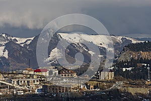 Abandoned copper mine with old stone buildings in tre mountains