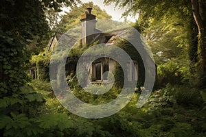 abandoned cottage, surrounded by overgrown gardens and moss-covered walls