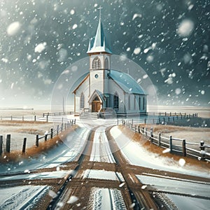 Abandoned Countryside Church Snowing Building Retro Old Weathered Steeple Exterior AI Generated