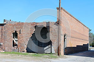 Abandoned and damaged brick building