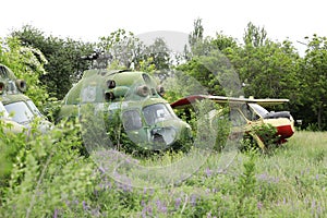 abandoned damaged russian military helicopter Mil Mi-2 Hoplite. broken air copter