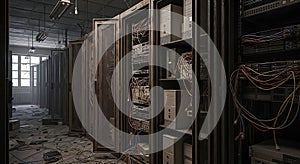 Abandoned Data Center Server Racks, Cables, and Decay