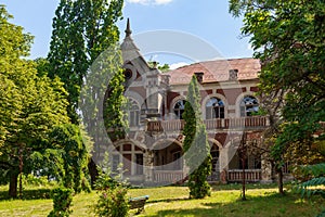 Abandoned, decaying historical heritage of the 19th century, an old ownerless estate. Background with copy space