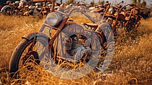 Abandoned and decaying, row of rusted out motorcycles sit in field, slowly deteriorating over time.