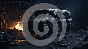 Abandoned Delivery Van In Burned Warehouse: Cinematic Close-up Scene