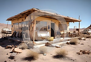 Abandoned Desert Home and Car in the Vast Mojave Desert