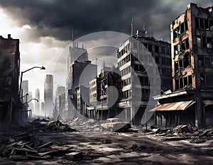 abandoned destroyed city with ruined buildings and wrecked car, apocalyptic fantasy concept art illustration