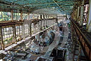 Abandoned, destroyed by war and overgrown machinery of Tkvarcheli power plant