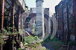 Abandoned, destroyed by war and overgrown machinery of Tkvarcheli power plant